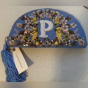 NEW Anthropologie Anna Harlow Russo P Monogram Beaded Embroidered Blue Bag
